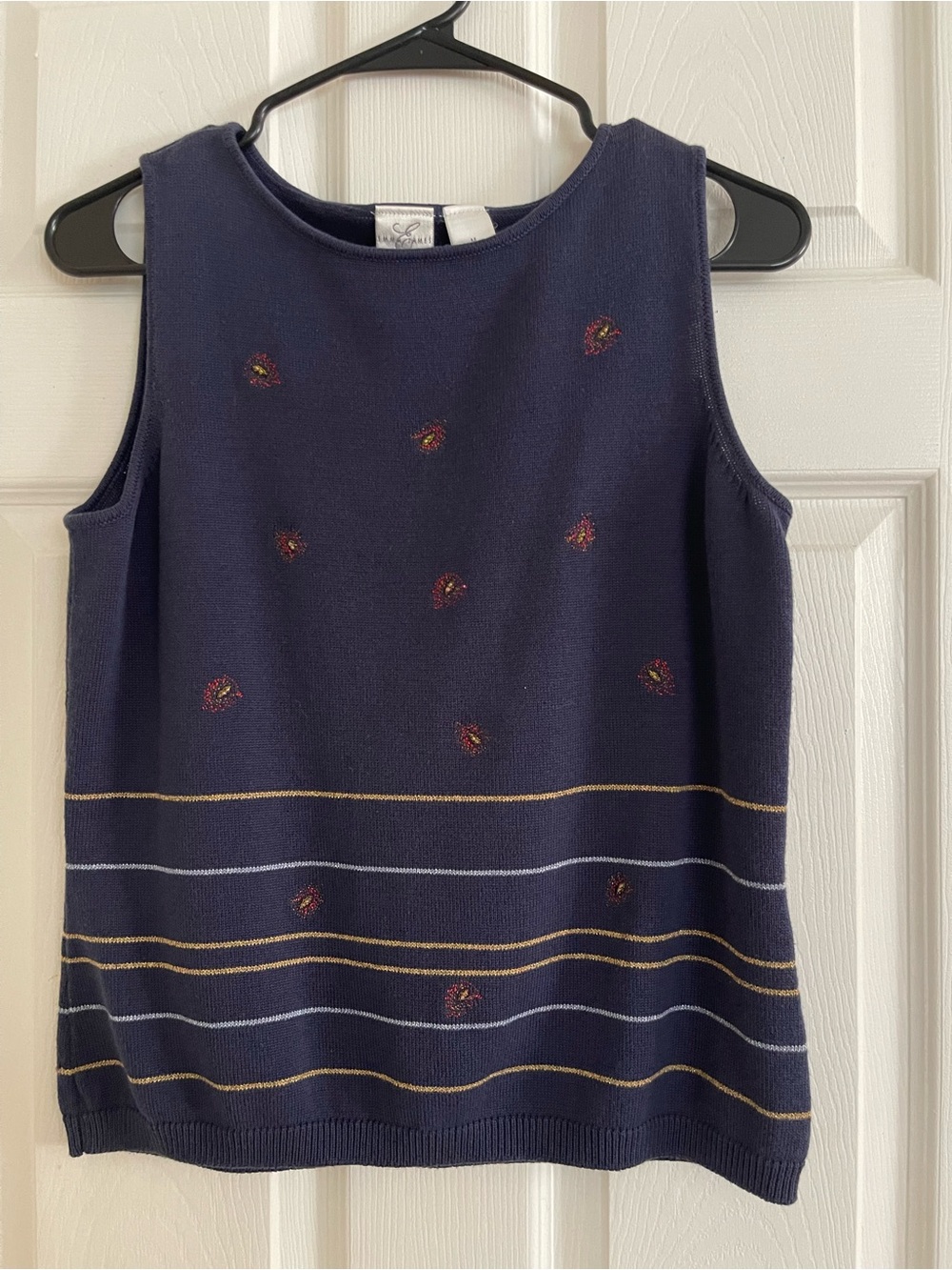 Liz Claiborne Navy Sleeveless Knit Top with Gold & Silver Stripes
